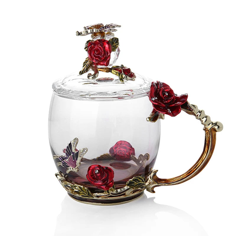 Handcrafted Enamel Coffee Mugs Rose-Glass Tea Cup with Steel Spoon Luxury Unique Gifts for Wedding Valentine's Day Birthday Gifts