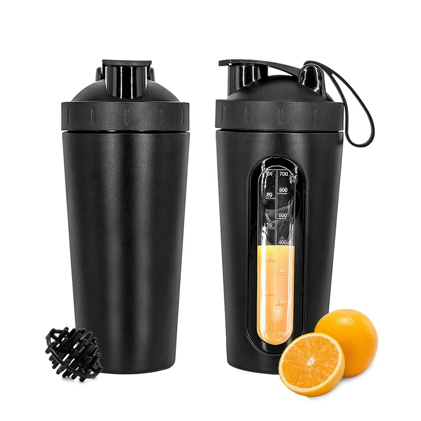 Stainless Steel 24oz Sports Shaker Bottle with Measurement Scale for Gym and Outdoor Fitness