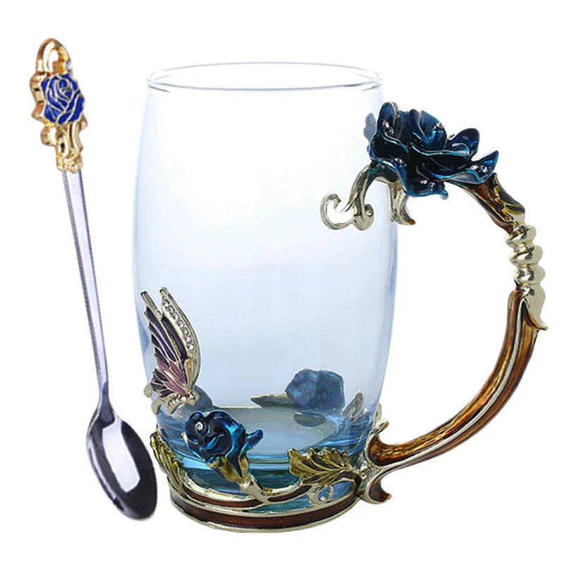 Handcrafted Enamel Coffee Mugs Rose-Glass Tea Cup with Steel Spoon Luxury Unique Gifts for Wedding Valentine's Day Birthday Gifts