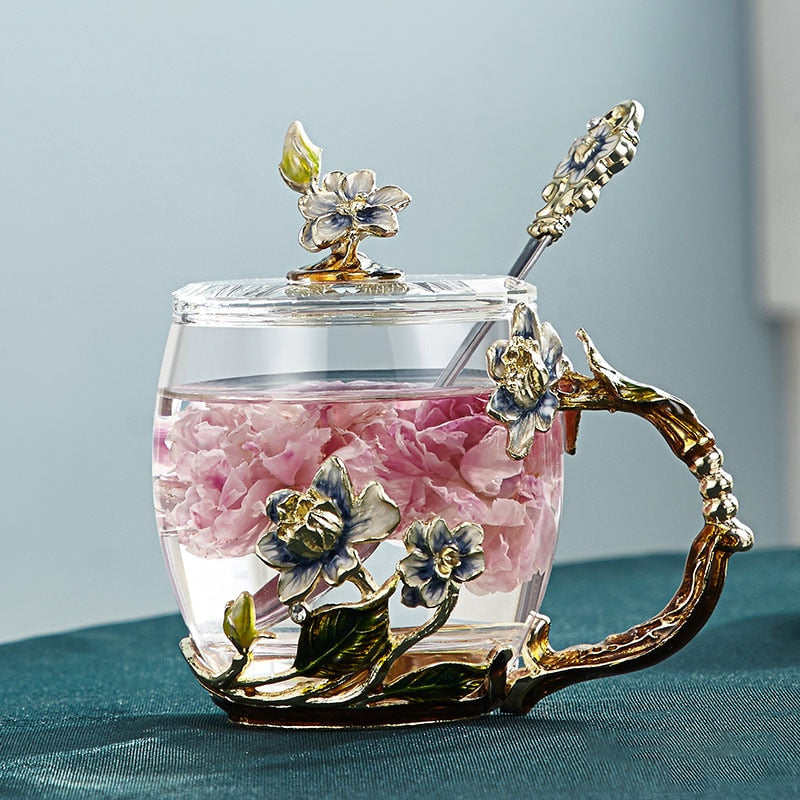 Handcrafted enamel flower glass mug for couples love gift can serve coffee, flavored tea or even lemon juice in