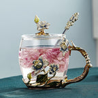 Handcrafted enamel flower glass mug for couples love gift can serve coffee, flavored tea or even lemon juice in