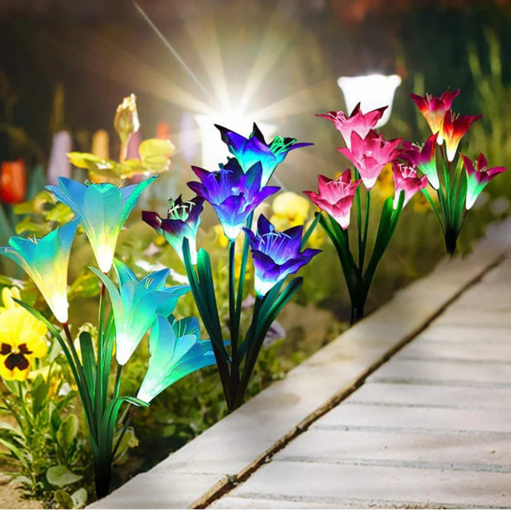 Solar LED flower lights in lily shape – Color-changing garden lights with stake for outdoor areas
