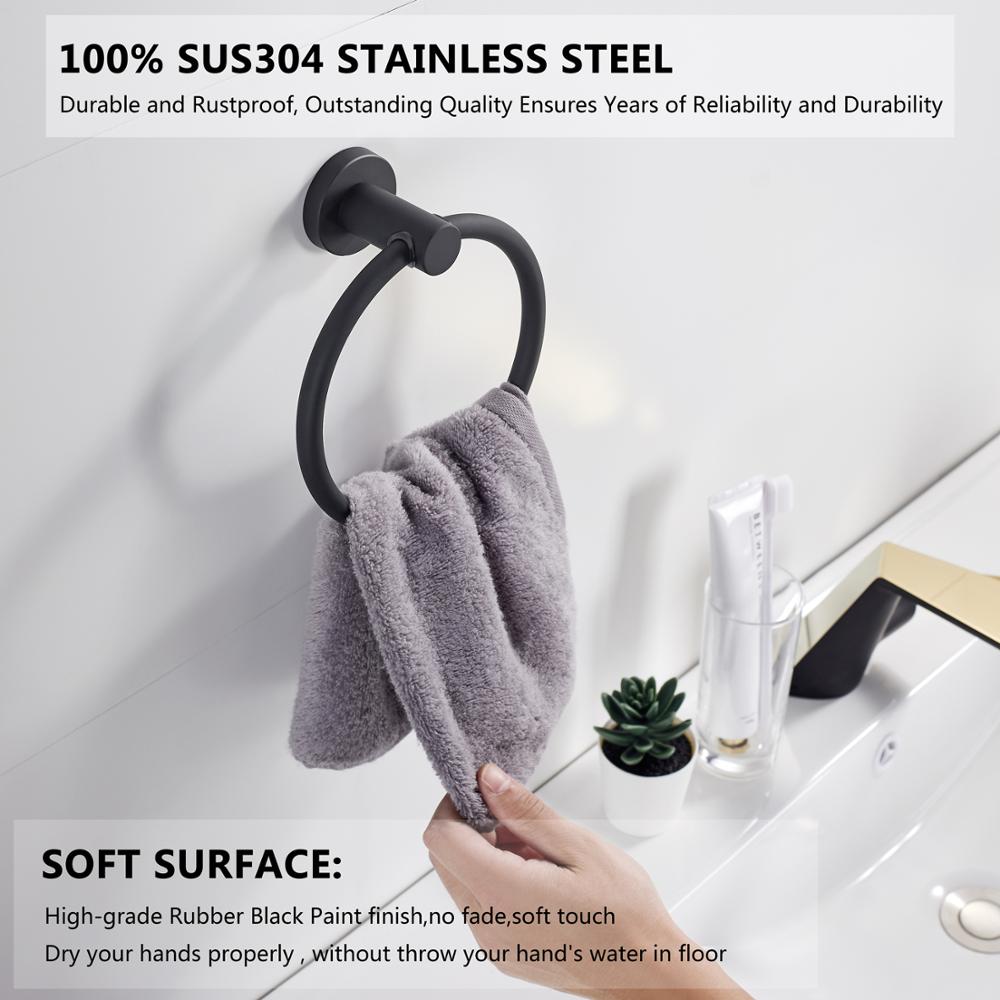 Towel ring made of 304 stainless steel in chrome, Round simple design, Black, European bathroom accessories, Rustproof