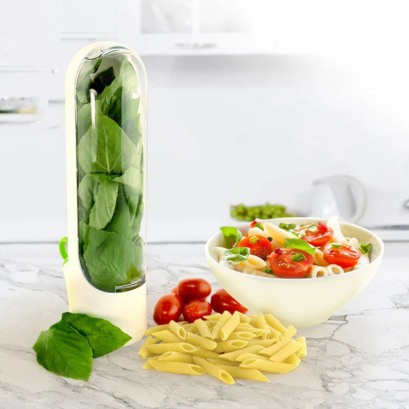 Herb storage container for fresh vanilla, vegetables, and herbs in the kitchen