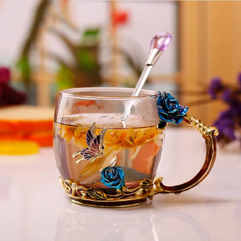 Handcrafted Enamel Coffee Mugs Rose-Glass Tea Cup with Steel Spoon Luxury Unique Gifts for Wedding Valentine's Day Birthday Gifts