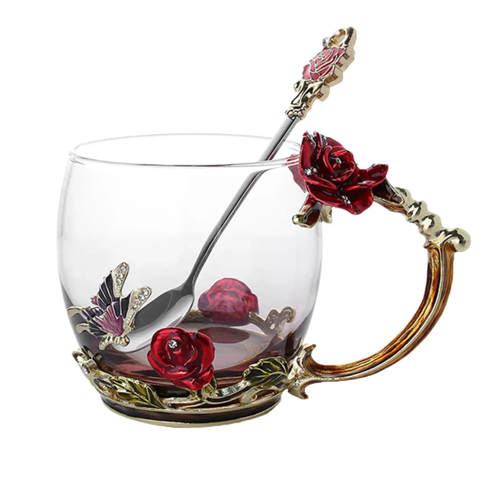 Handcrafted Enamel Coffee Mugs Rose-Glass Tea Cup with Steel Spoon Luxury Unique Gifts for Wedding Valentine's Day Birthday Gifts