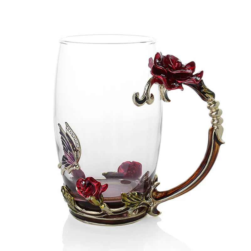 Handcrafted Enamel Coffee Mugs Rose-Glass Tea Cup with Steel Spoon Luxury Unique Gifts for Wedding Valentine's Day Birthday Gifts