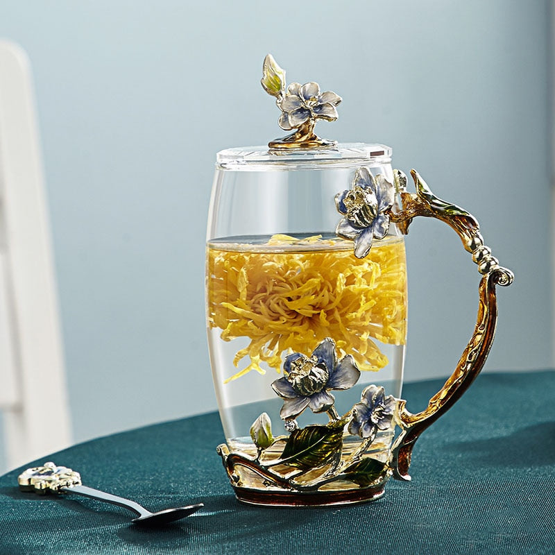 Handcrafted enamel flower glass mug for couples love gift can serve coffee, flavored tea or even lemon juice in