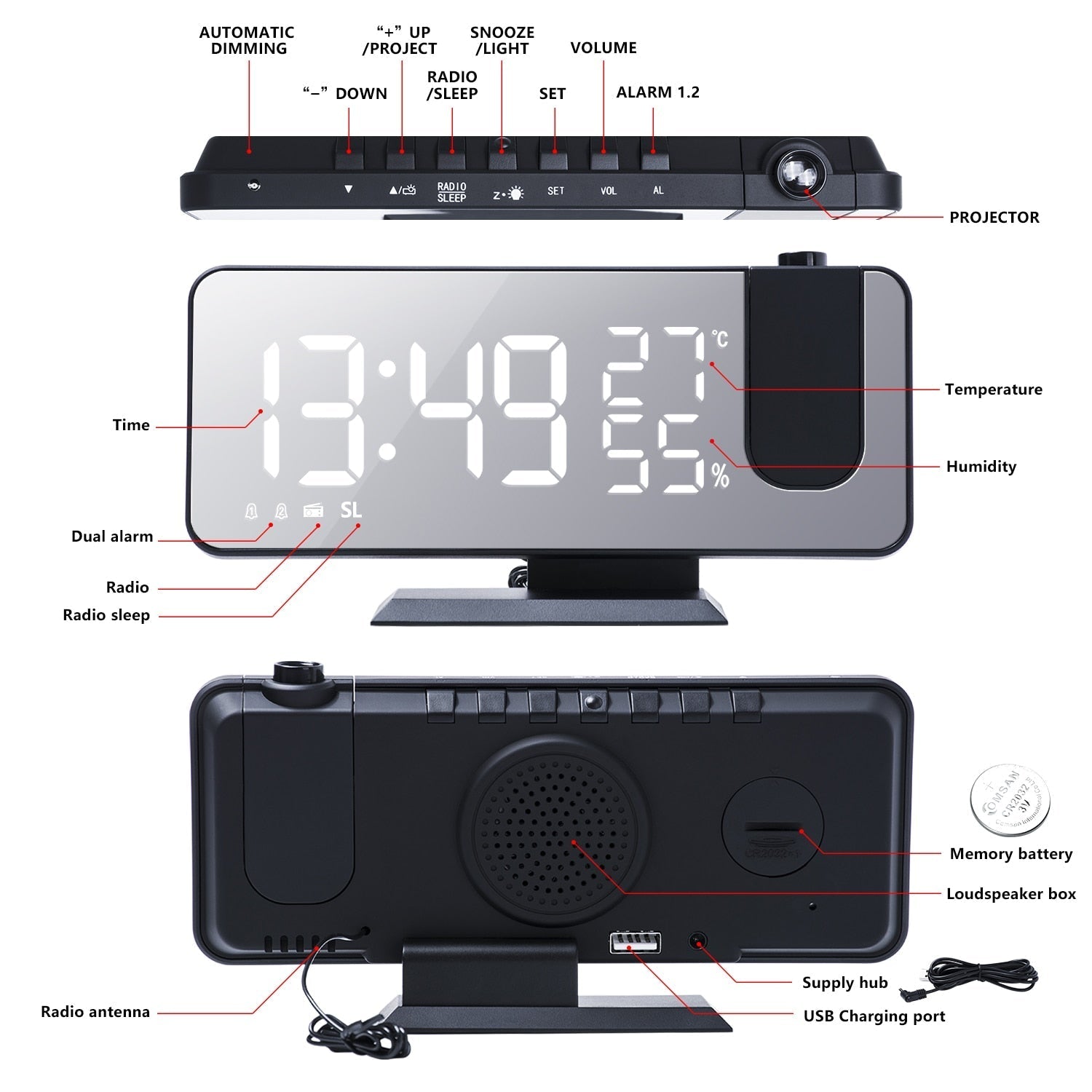 Eindhoven Astronatic | The Best Alarm Clock with LED Screen - 180° Projector - USB Charger