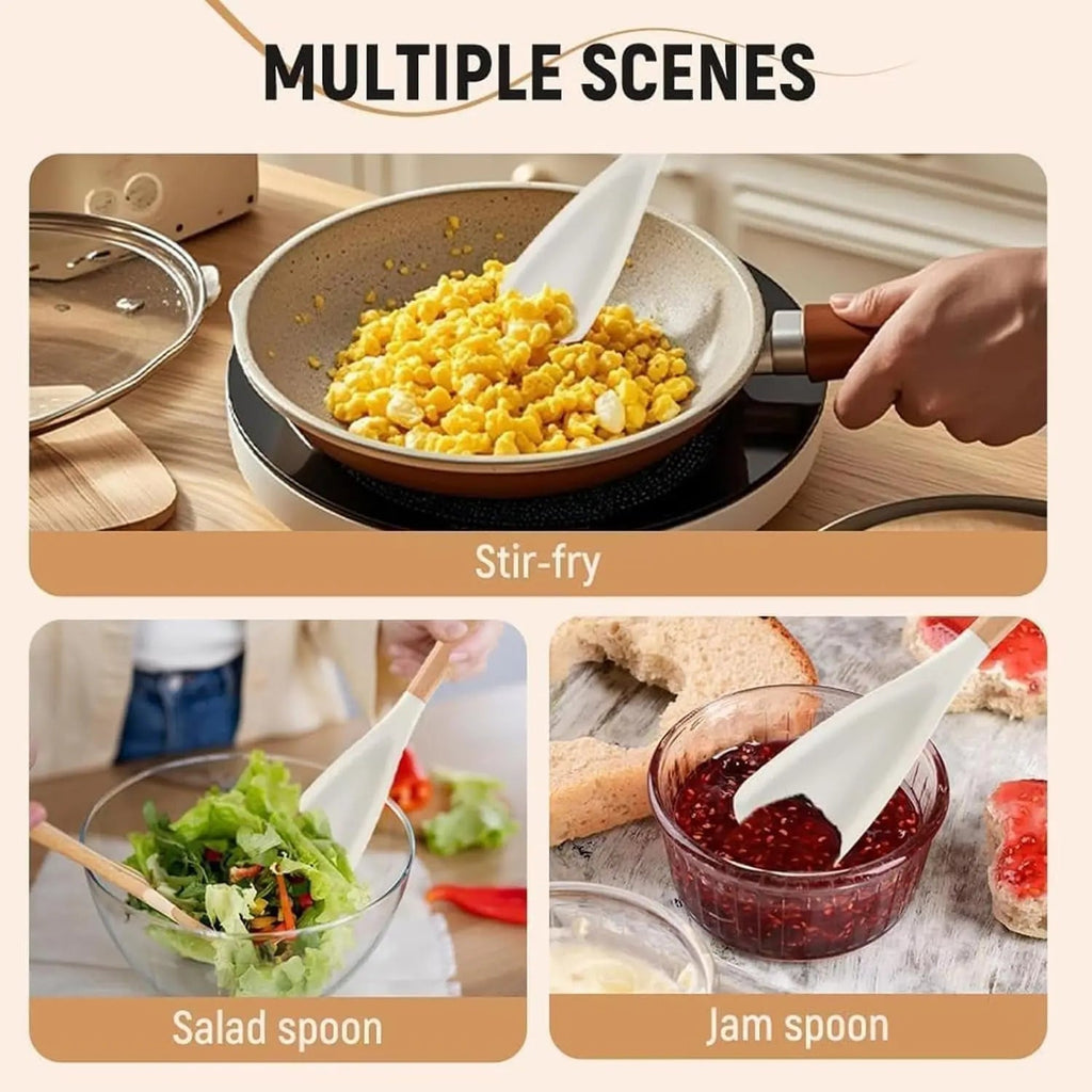 Heat-resistant silicone cooking spoon with wooden handle