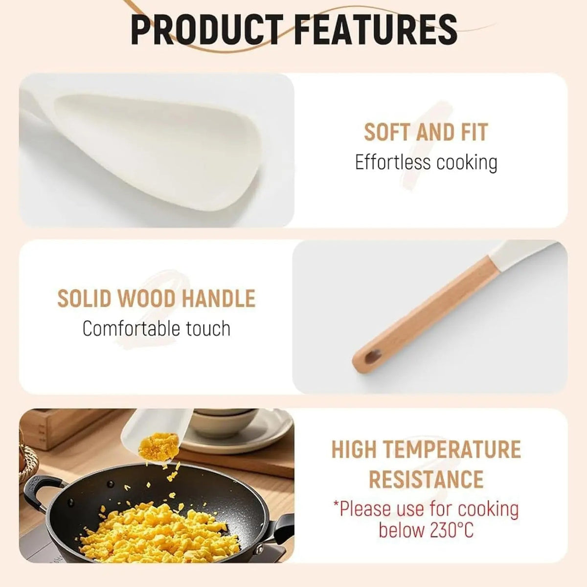 Heat-resistant silicone cooking spoon with wooden handle