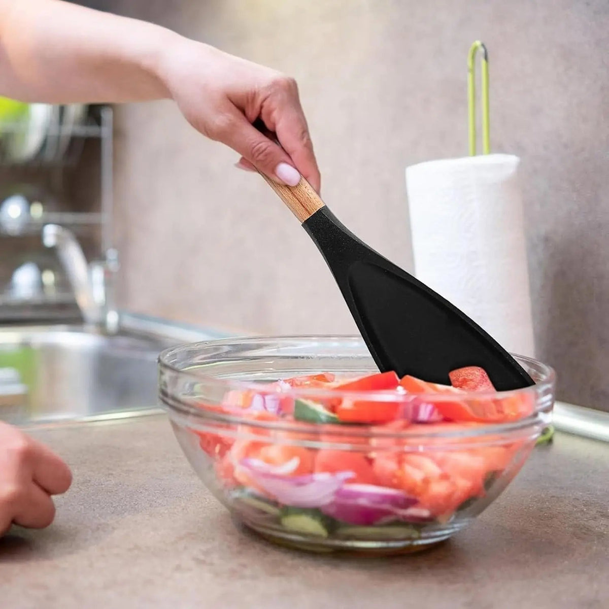Heat-resistant silicone cooking spoon with wooden handle