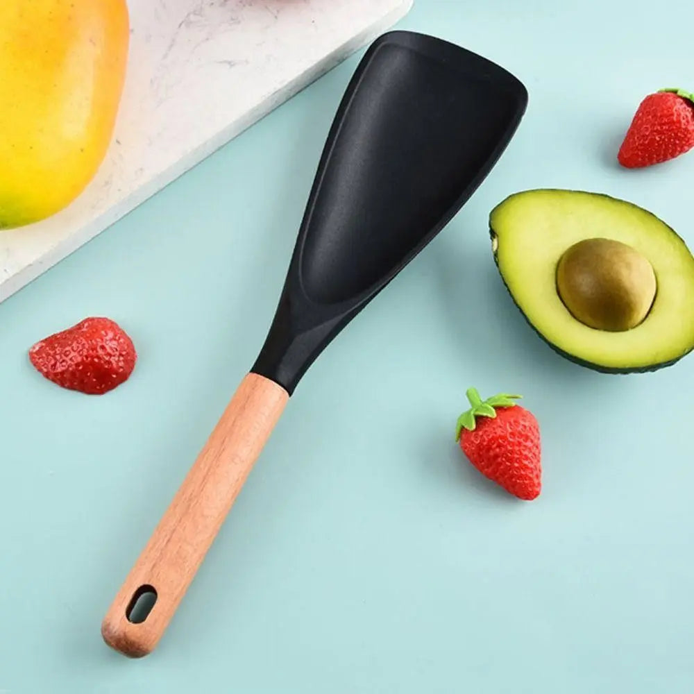 Heat-resistant silicone cooking spoon with wooden handle