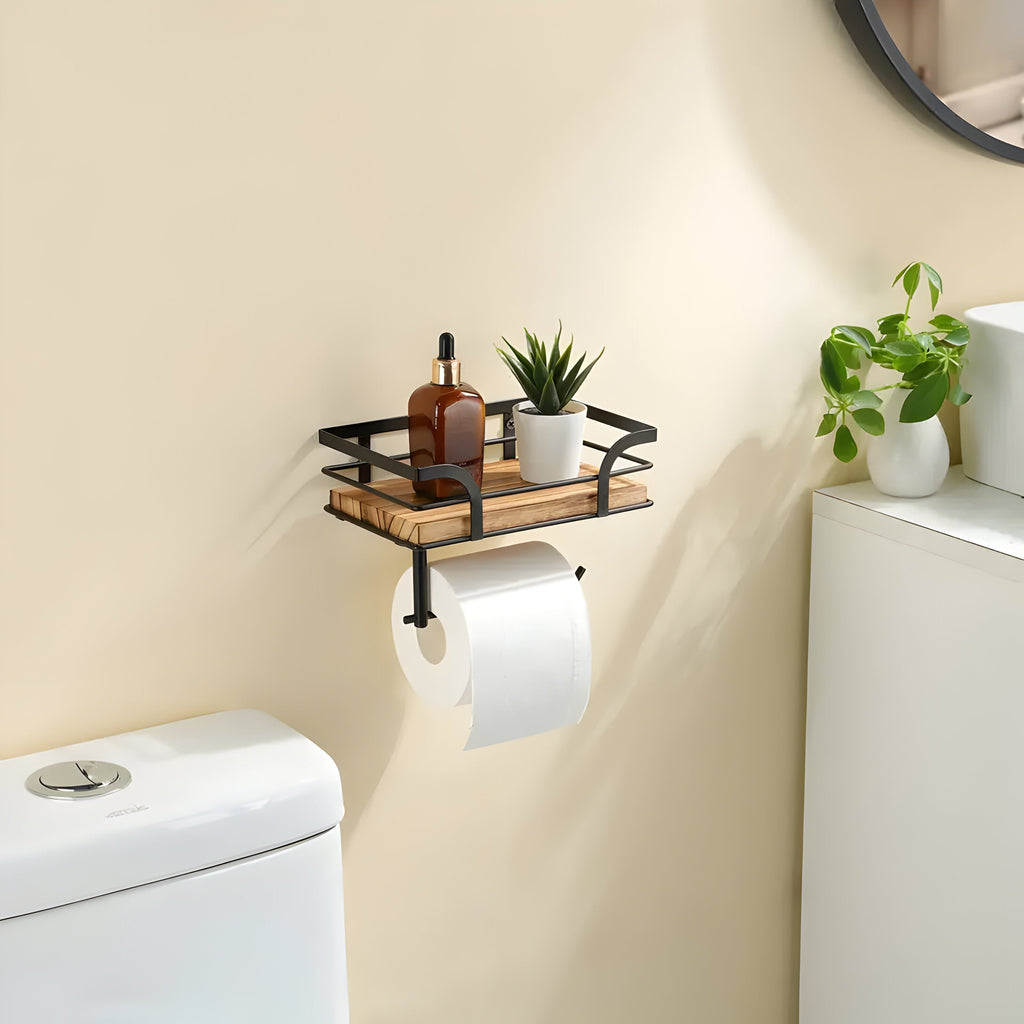 Wood Wall Shelf with Paper Holder | Bathroom Organizer