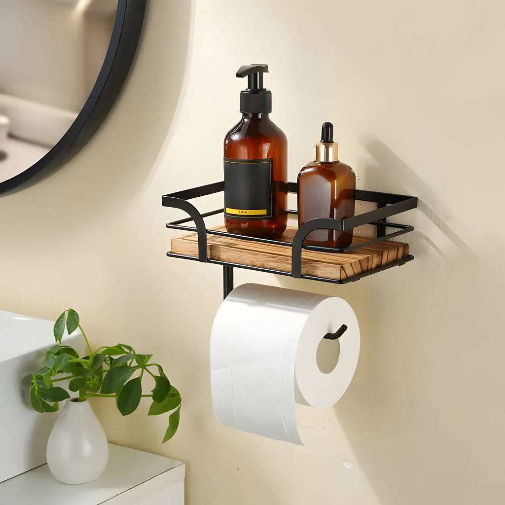 Wood Wall Shelf with Paper Holder | Bathroom Organizer