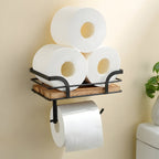 Wood Wall Shelf with Paper Holder | Bathroom Organizer