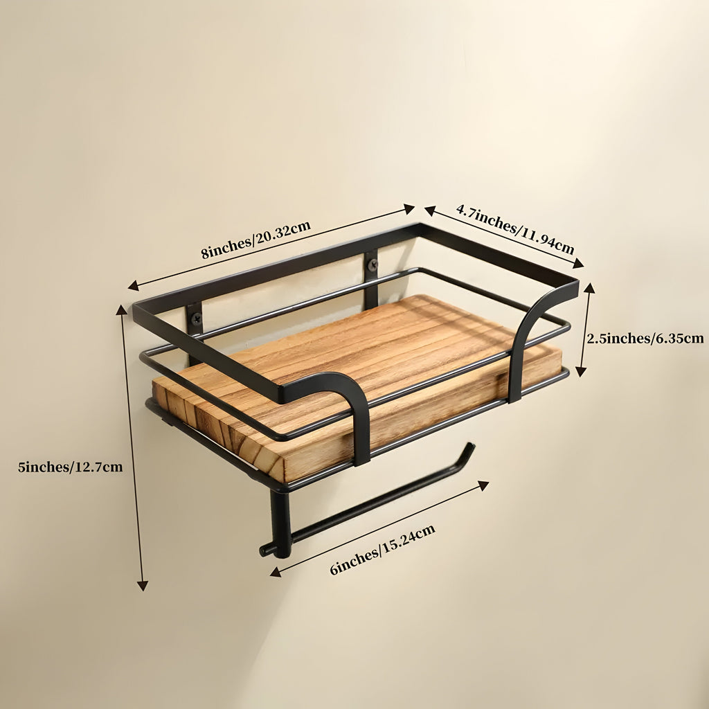 Wood Wall Shelf with Paper Holder | Bathroom Organizer