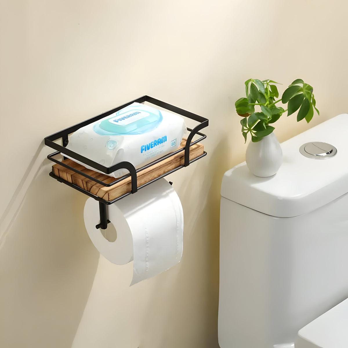Wood Wall Shelf with Paper Holder | Bathroom Organizer