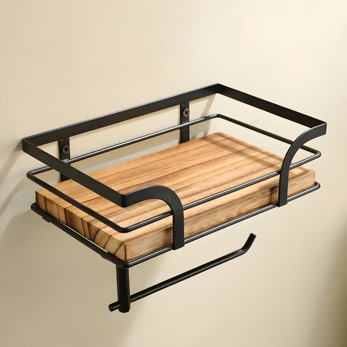 Wood Wall Shelf with Paper Holder | Bathroom Organizer