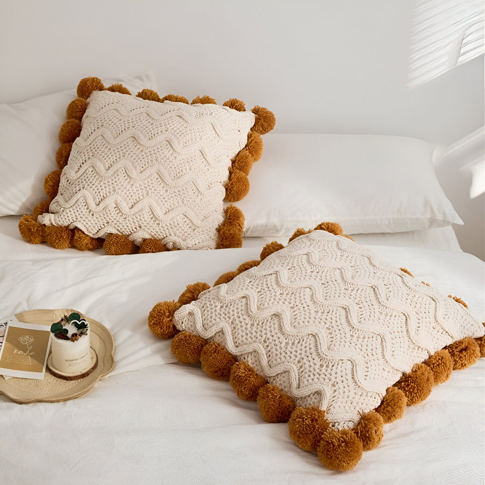 Knitted Cushion Cover with Tassels in Boho Style