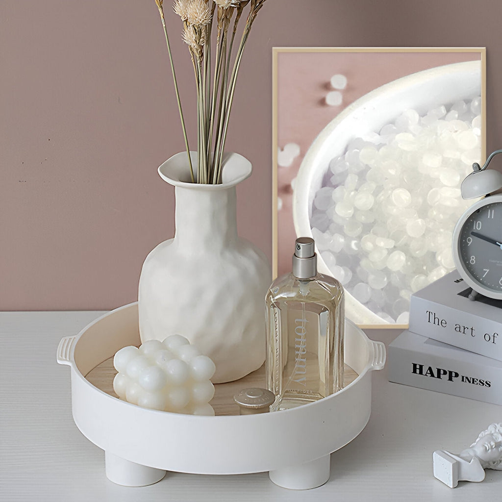 Round Serving Tray - Decorative Tray Made of Wood - White Tray Made of Ceramic