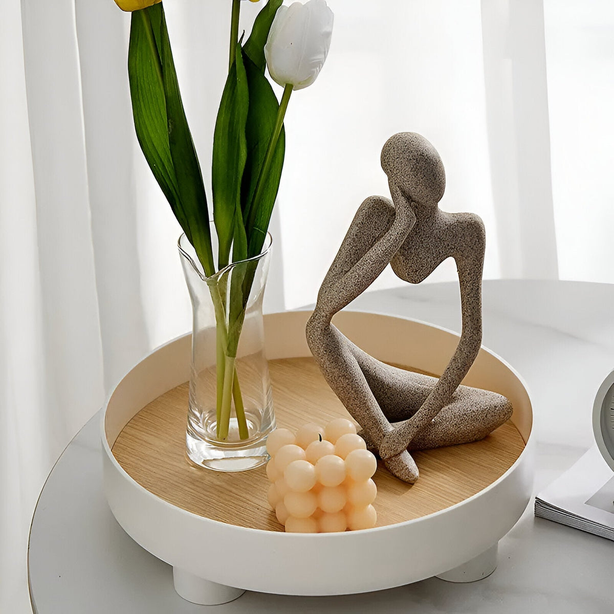 Round Serving Tray - Decorative Tray Made of Wood - White Tray Made of Ceramic