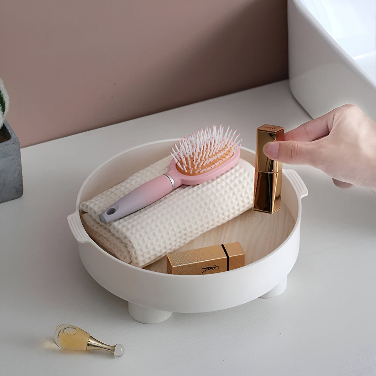 Round Serving Tray - Decorative Tray Made of Wood - White Tray Made of Ceramic