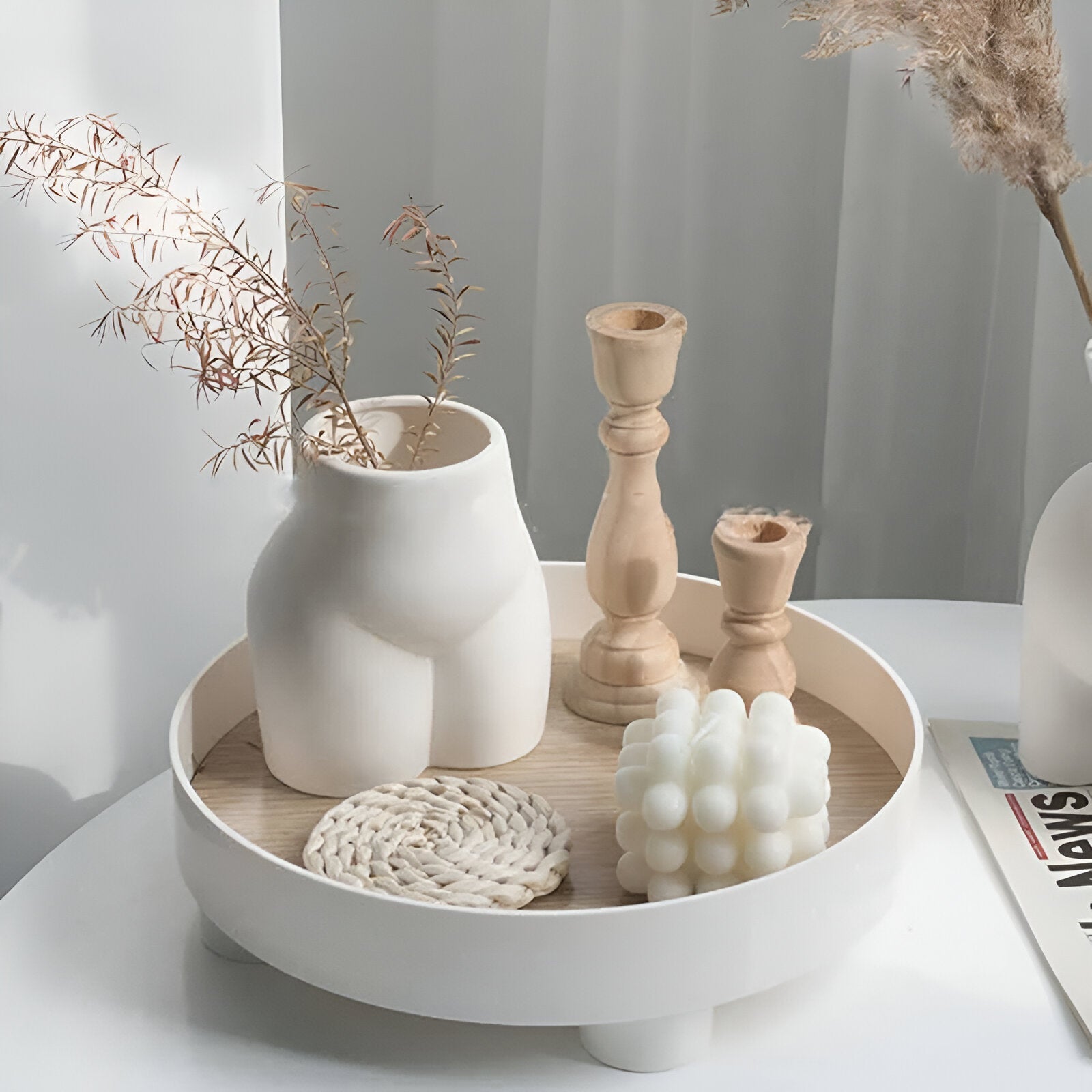 Round Serving Tray - Decorative Tray Made of Wood - White Tray Made of Ceramic