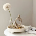 Round Serving Tray - Decorative Tray Made of Wood - White Tray Made of Ceramic