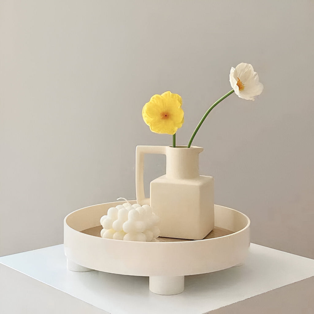 Round Serving Tray - Decorative Tray Made of Wood - White Tray Made of Ceramic