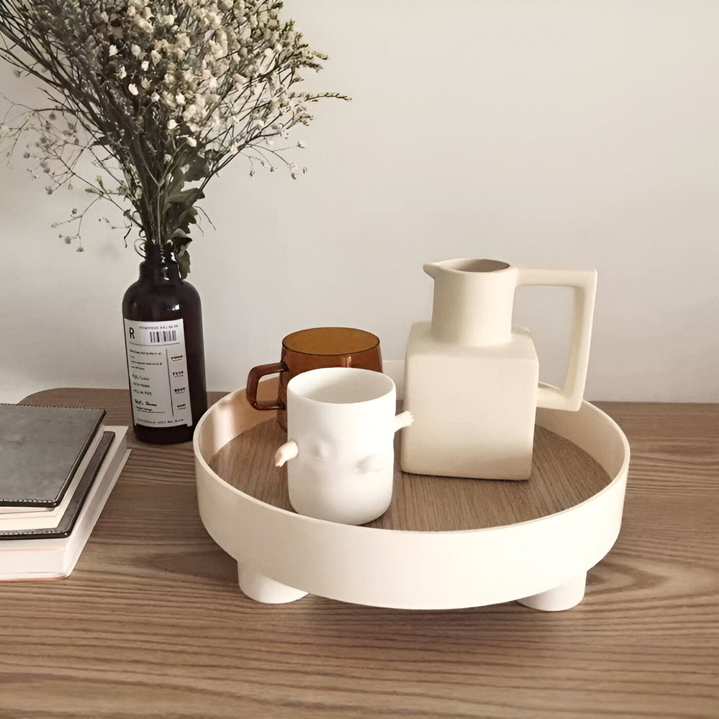 Round Serving Tray - Decorative Tray Made of Wood - White Tray Made of Ceramic
