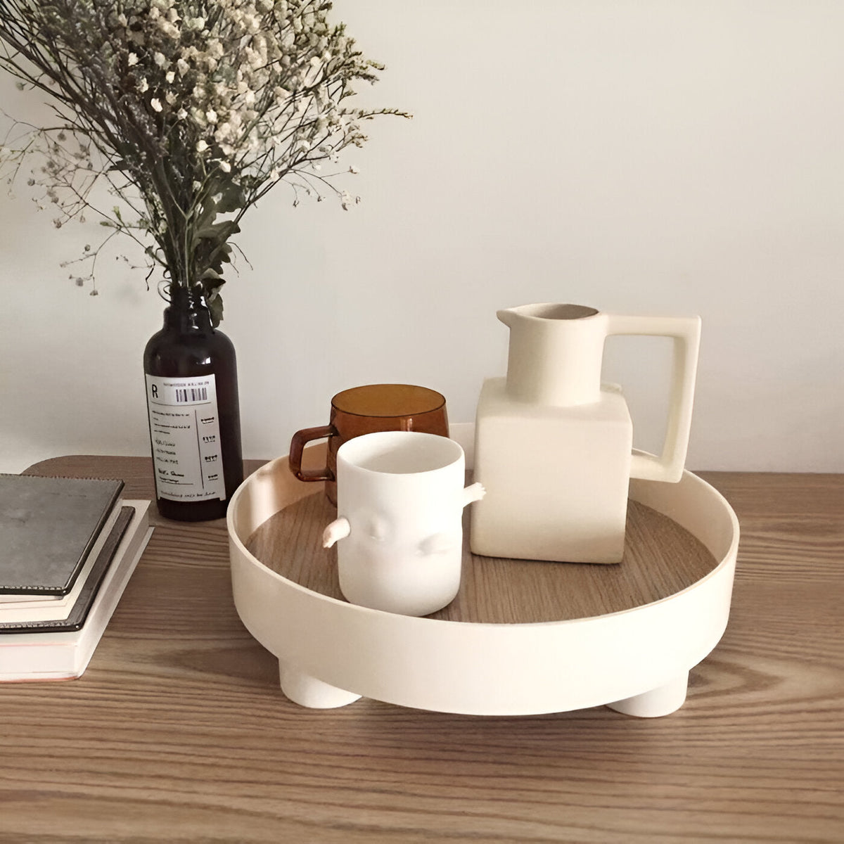 Round Serving Tray - Decorative Tray Made of Wood - White Tray Made of Ceramic