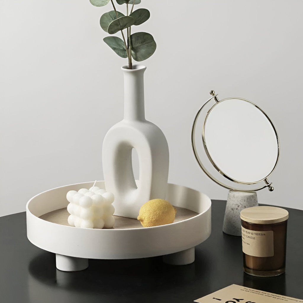 Round Serving Tray - Decorative Tray Made of Wood - White Tray Made of Ceramic