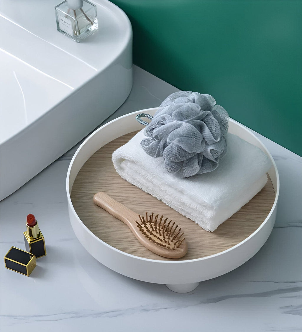 Round Serving Tray - Decorative Tray Made of Wood - White Tray Made of Ceramic