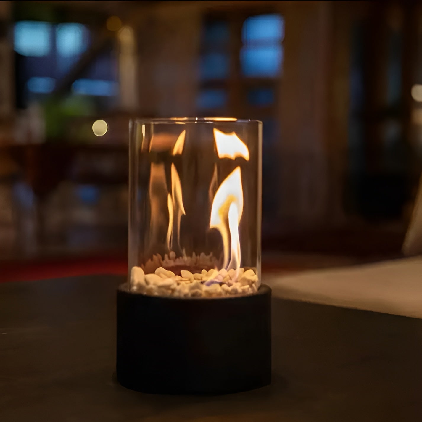 Stylish black metal base table fire pit
