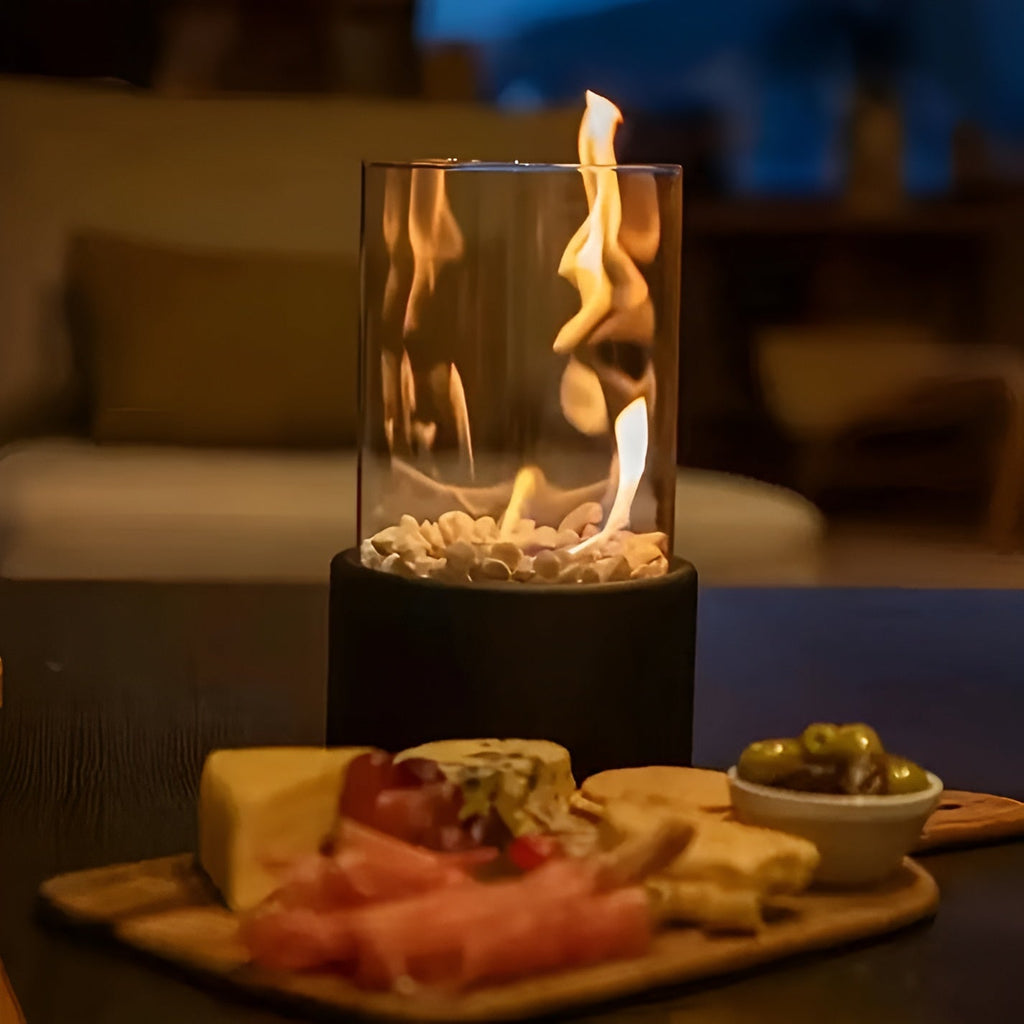 Stylish black metal base table fire pit