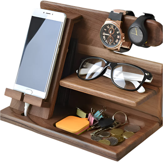 Charging station and desk organizer made of wood for phones and accessories