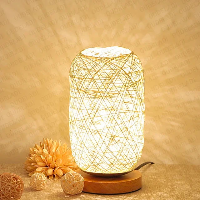 HolzLuma LED Table Lamp | Handmade from Wood & Rope | Warm White Light | For Bedroom & Living Room