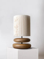 Rustic table lamp made of walnut wood with linen shade – Natural lighting for living room
