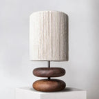 Rustic table lamp made of walnut wood with linen shade – Natural lighting for living room