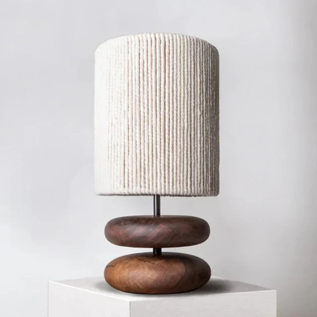 Rustic table lamp made of walnut wood with linen shade – Natural lighting for living room