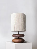 Rustic table lamp made of walnut wood with linen shade – Natural lighting for living room