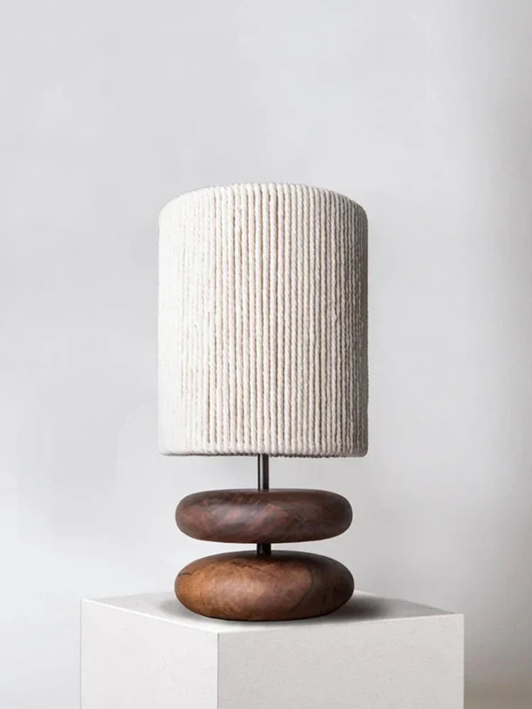 Rustic table lamp made of walnut wood with linen shade – Natural lighting for living room