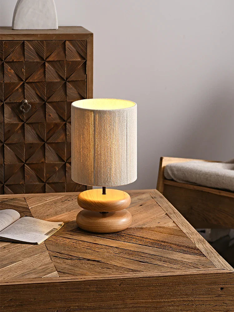 Rustic table lamp made of walnut wood with linen shade – Natural lighting for living room