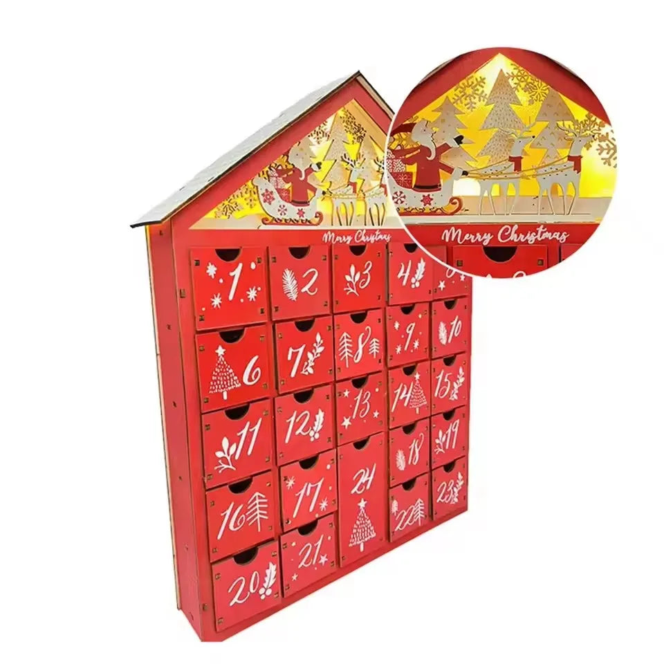 Wooden Advent Calendar with 24 Storage Drawers – Refillable DIY Christmas Countdown with Lighting, 30 x 6.3 x 39 cm