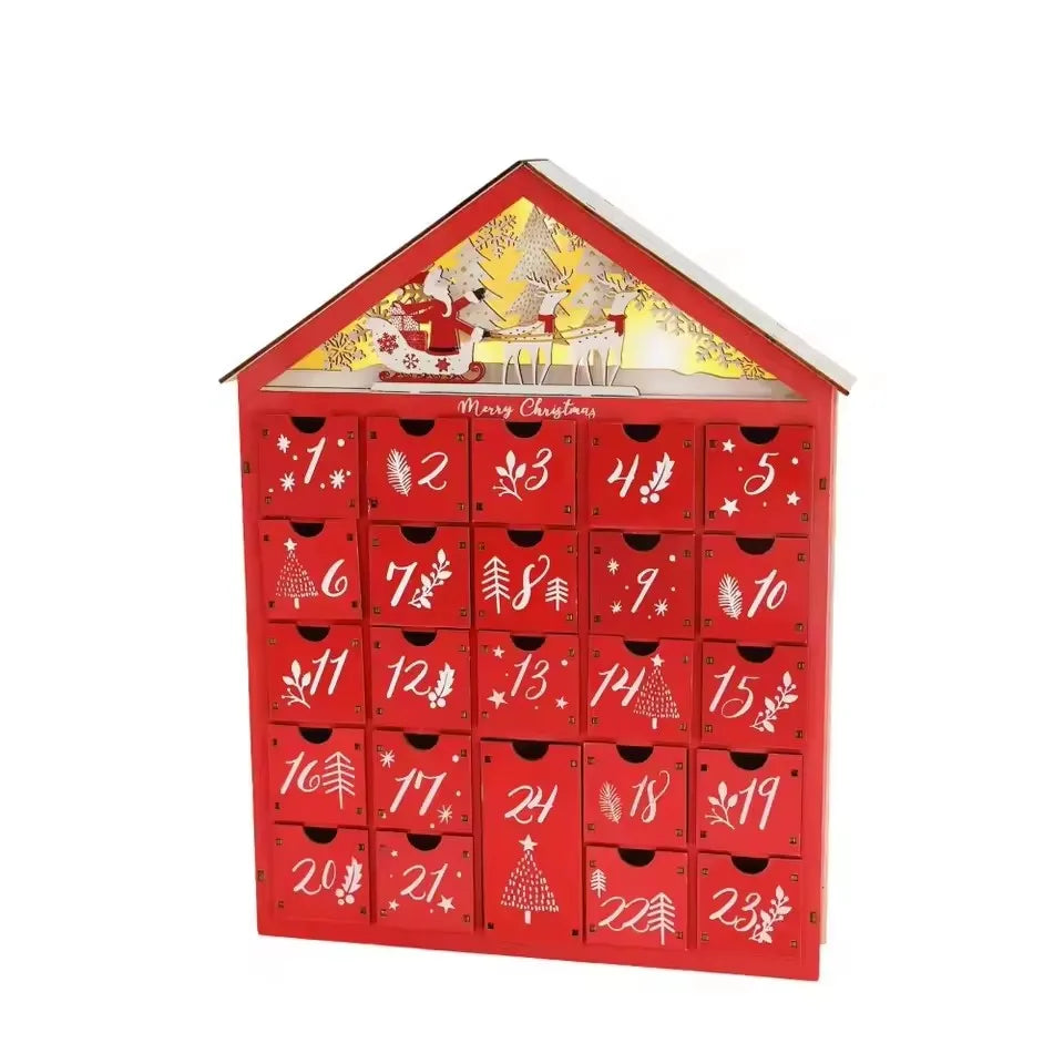 Wooden Advent Calendar with 24 Storage Drawers – Refillable DIY Christmas Countdown with Lighting, 30 x 6.3 x 39 cm