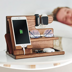Charging station and desk organizer made of wood for phones and accessories