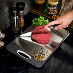 Hygienic stainless steel cutting board with non-slip handle for precise cutting