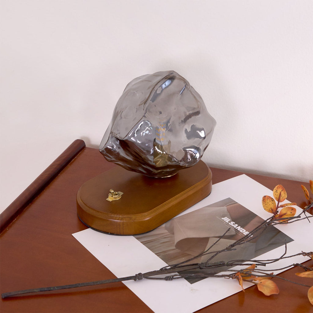 RusticLume – Amber Glass and Wooden Table Lamp
