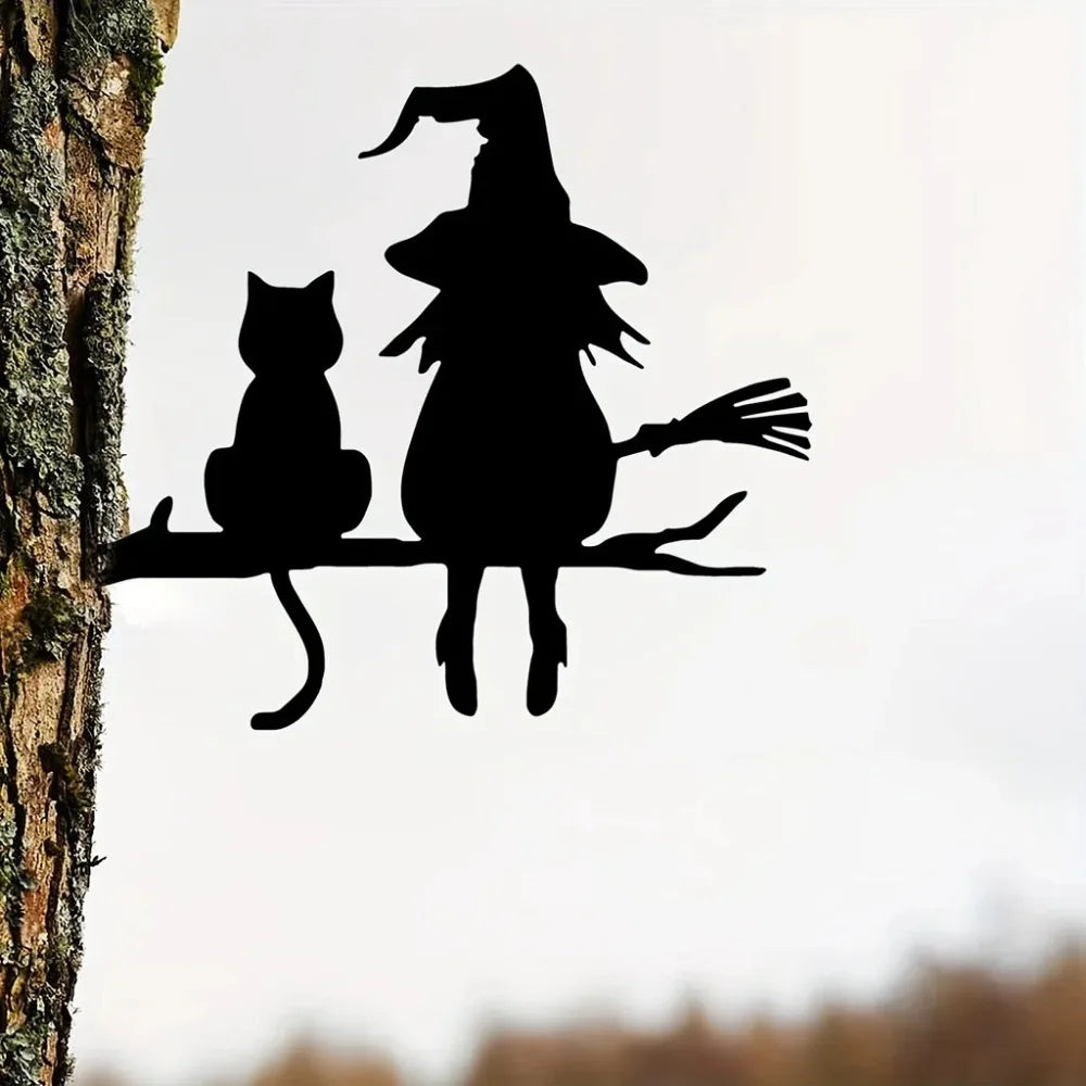 Metal art | Witch and cat garden decoration